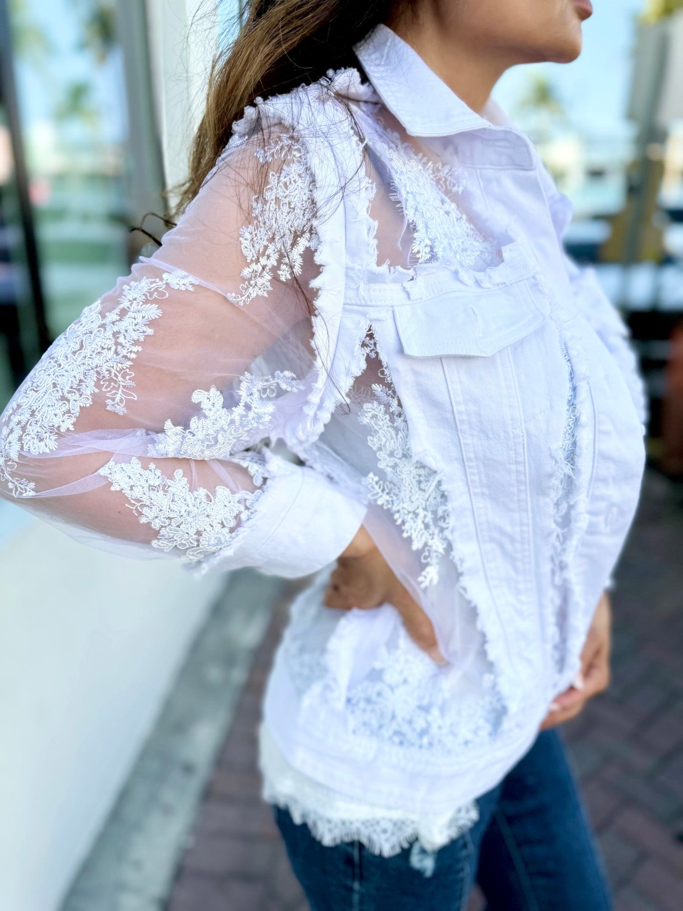 Sheer Floral Lace Denim Jacket