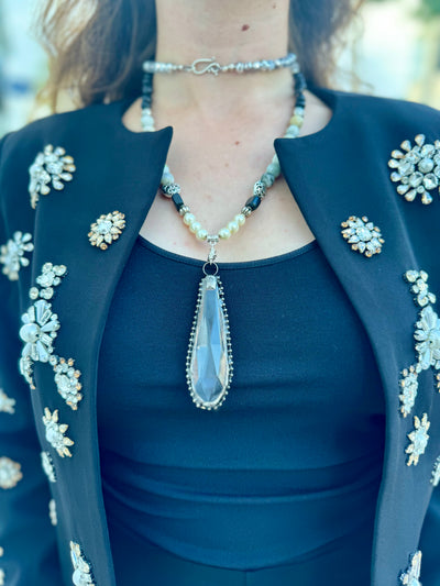 Sensational Crystal Pendant with Obsidian stones and Pearls- the Lana Necklace- My Heart to Yours Collection