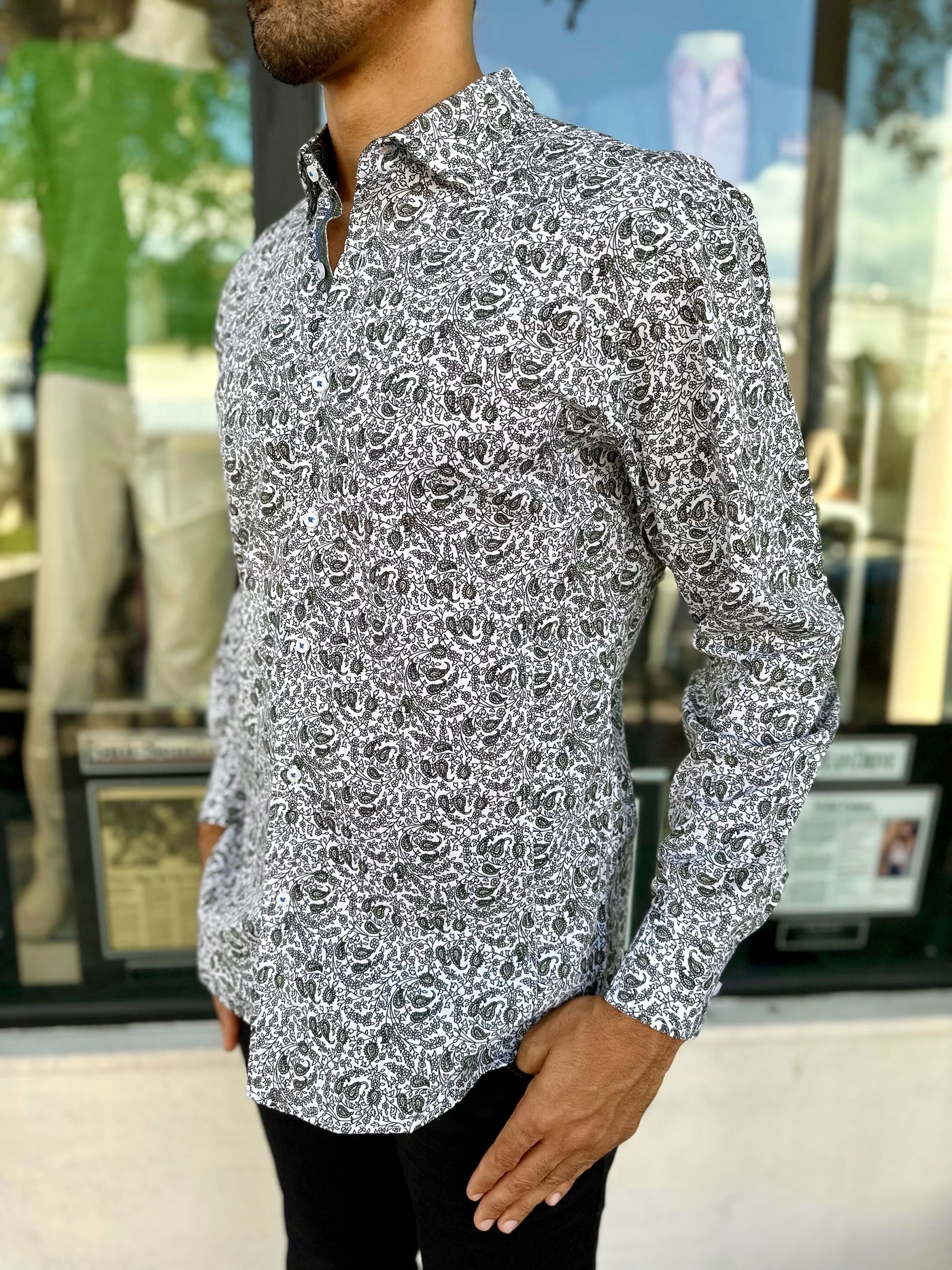 Olive Paisley Long Sleeve Button Down