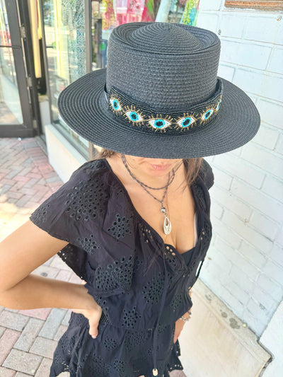 Beaded Evil Eye Straw Boaters Hat