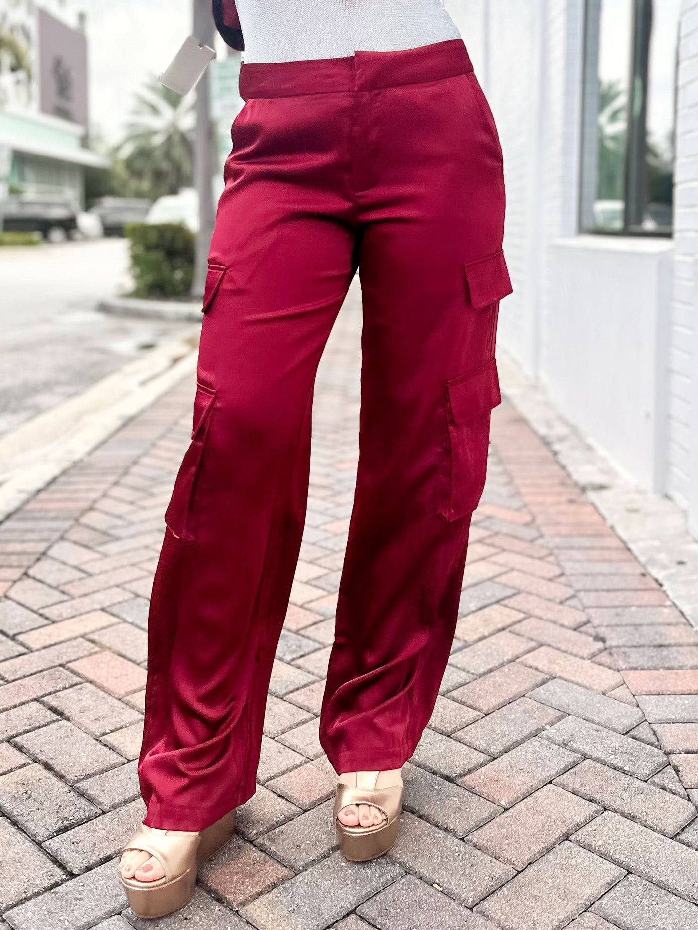 Maroon Satin-Feel Cargo Pants