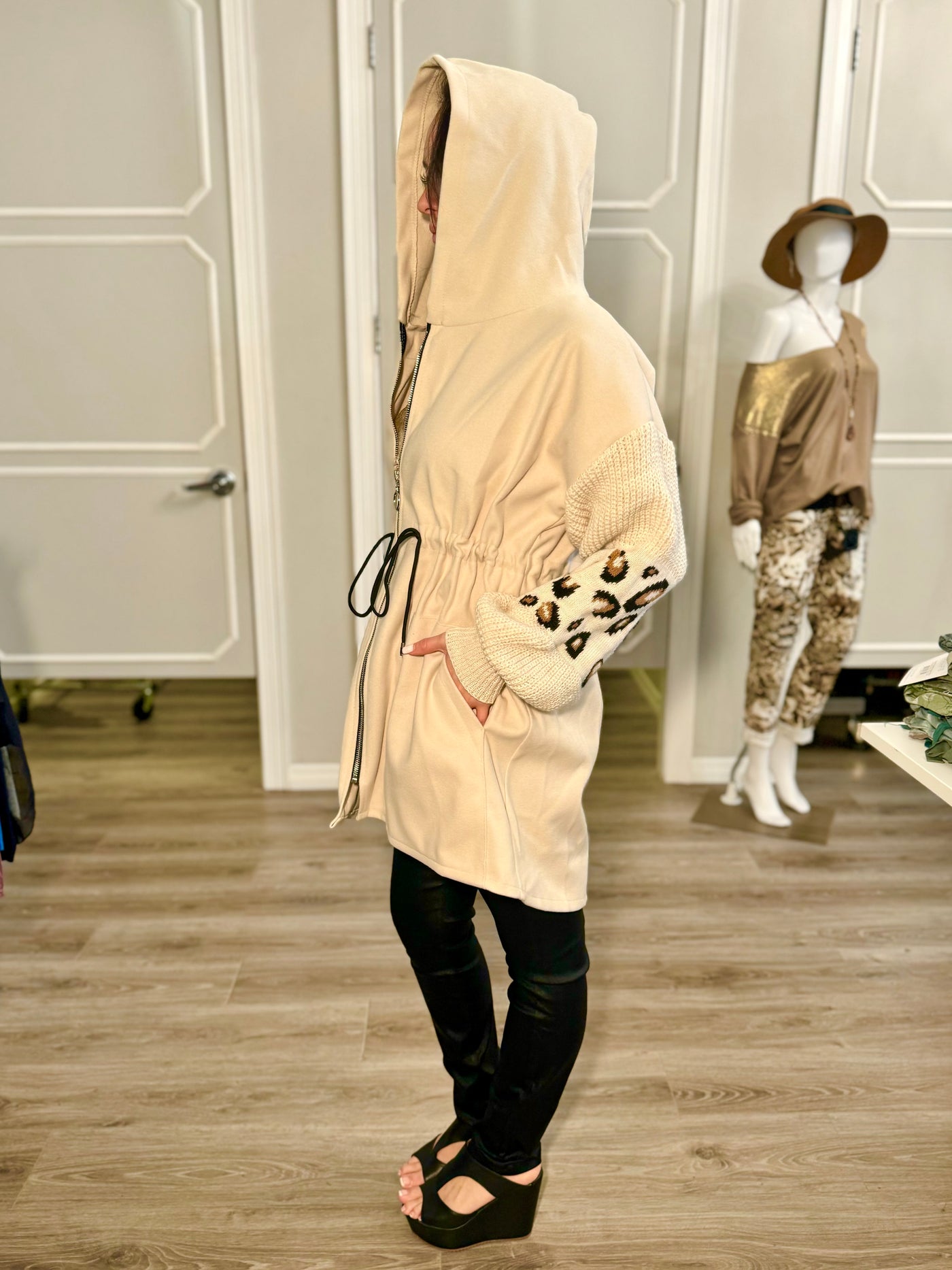 Cream Cheetah Hoodie Coat with Drawstring