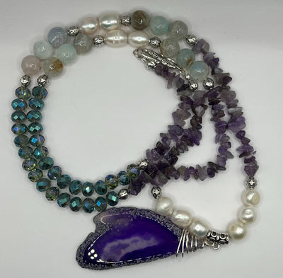 Luxurious Amethyst Agate Pendant with Fresh Water Pearls- Joslyn Necklace