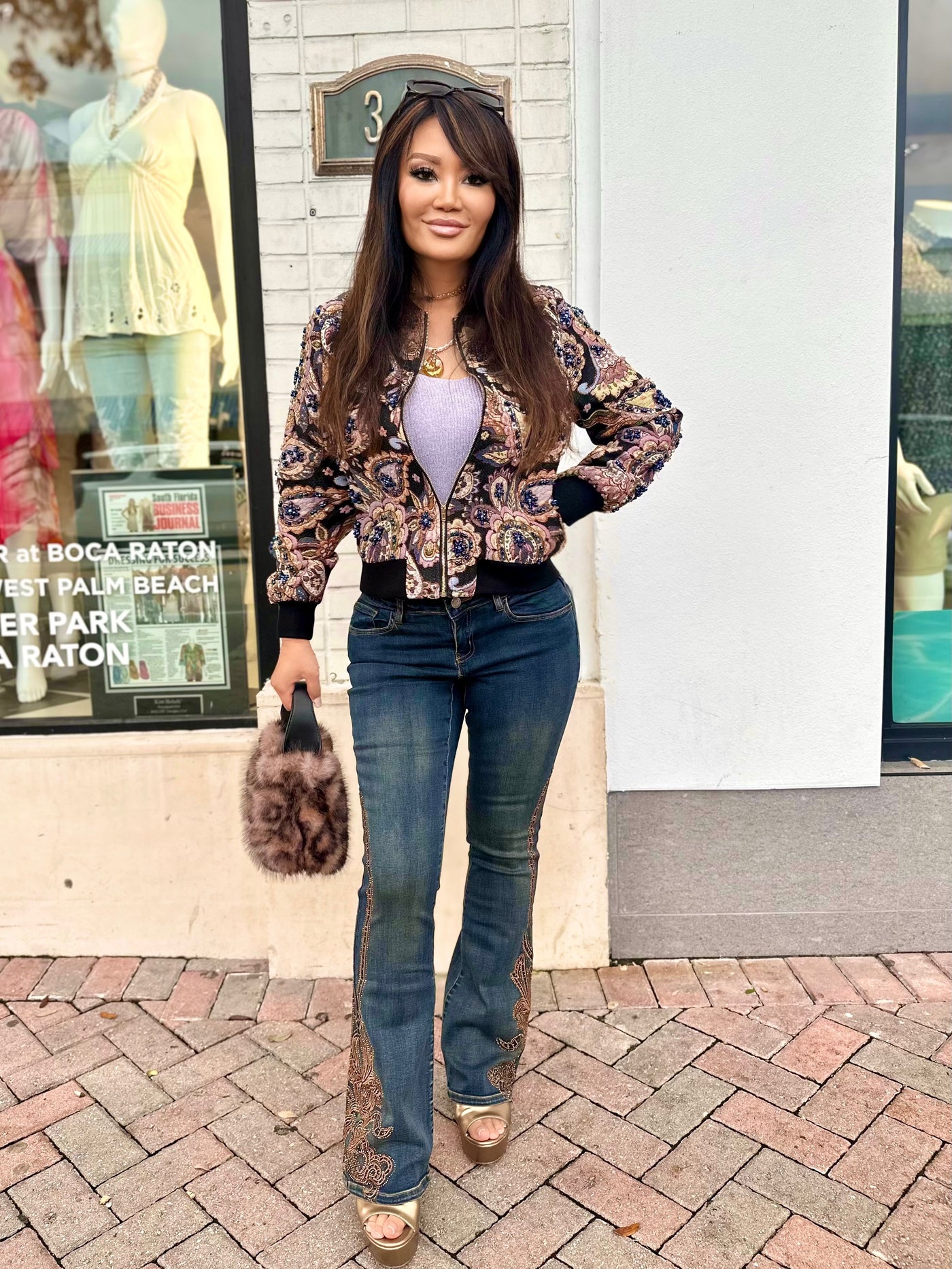 Golden Vine Embroidered Stretch Flare Jeans