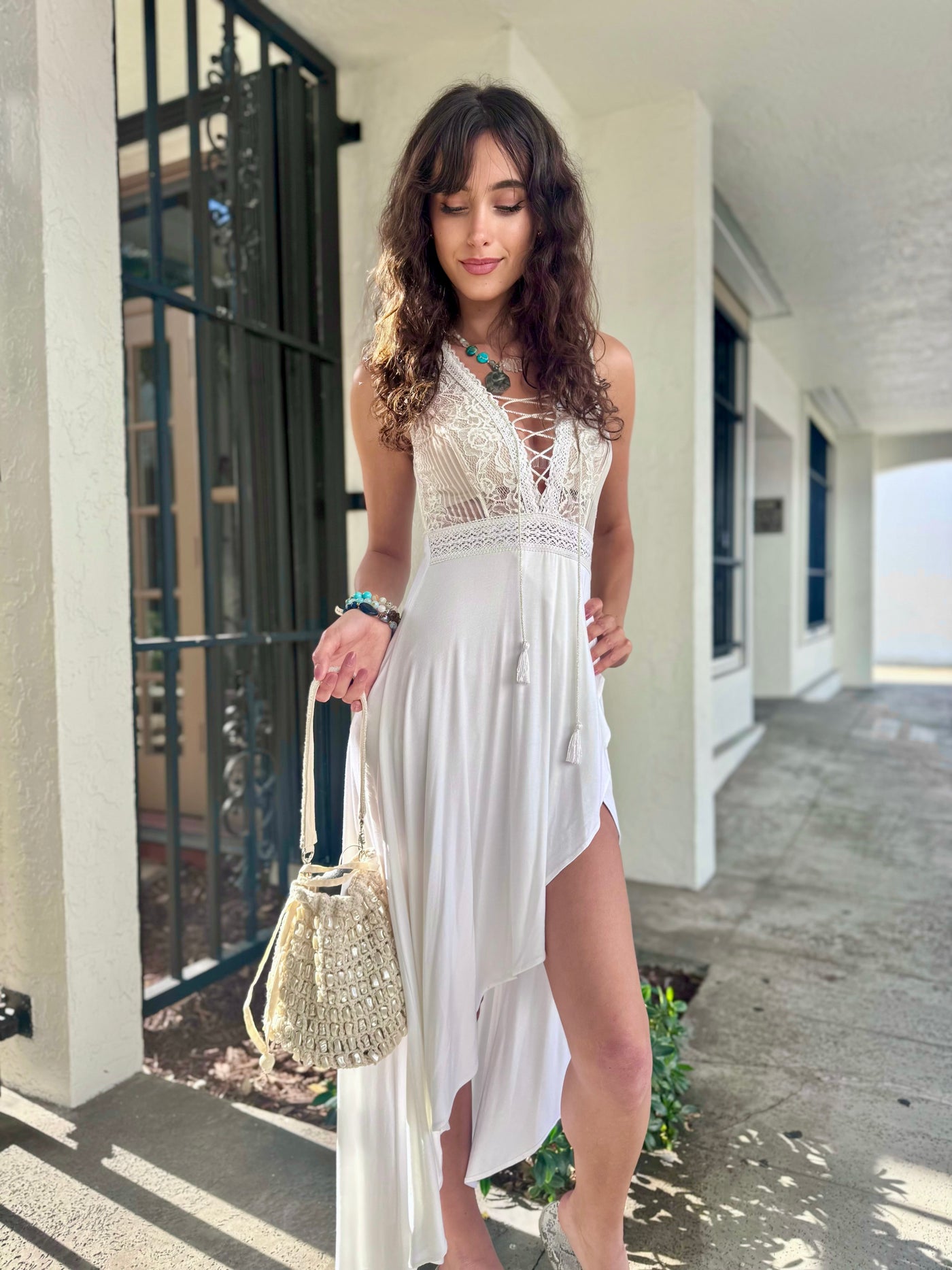 Moonlit Lace Asymmetrical Dress  Bolufe Boutique