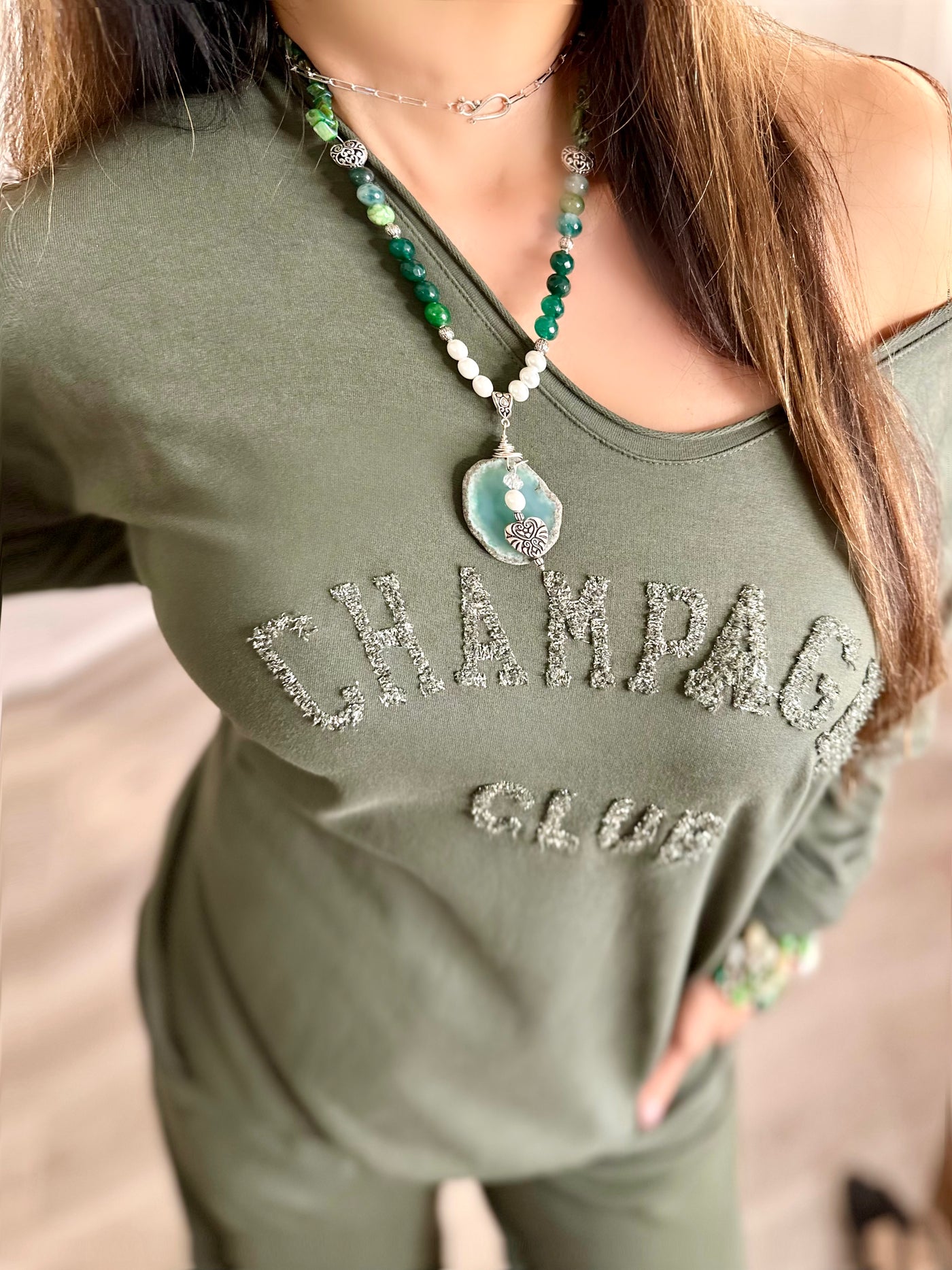 Luxurious Green Agate Wrapped Pendant Necklace- the Grenadine Necklace