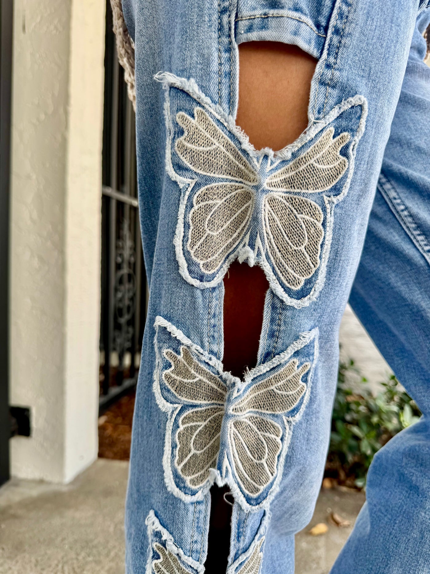 Butterfly Cutout Wide Leg Stretch Jeans - Main Image
