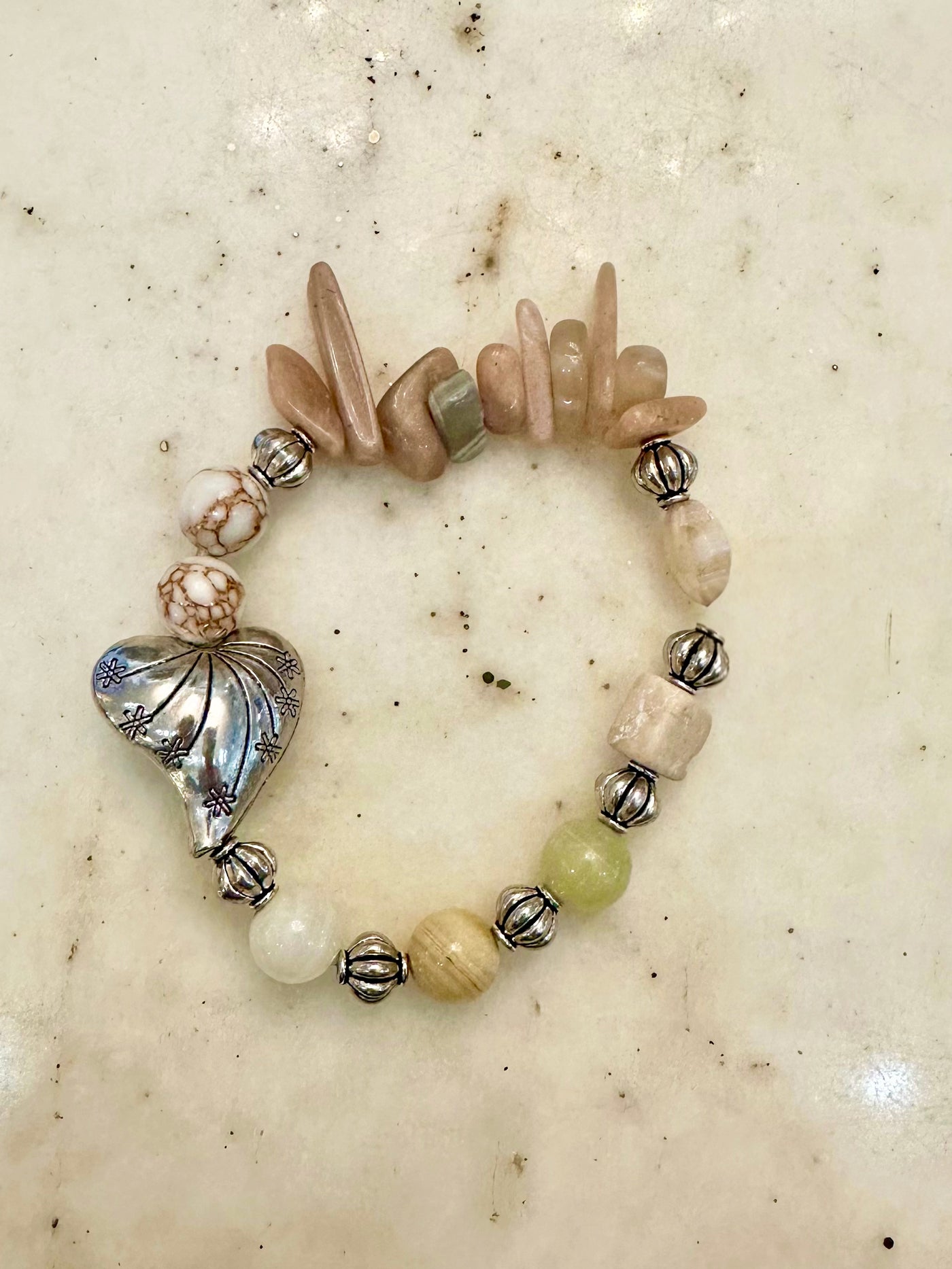 Cecilia Cafe Latte Sparkle Heart Silver Stretch Bracelet