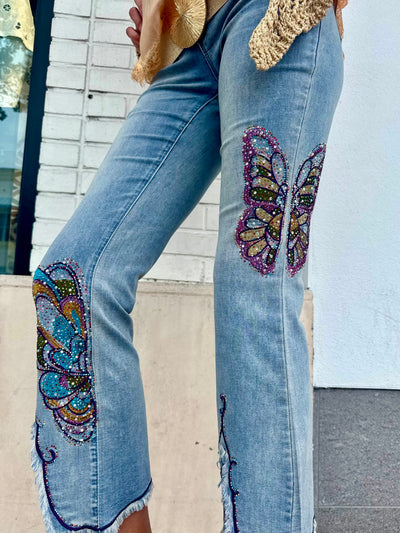 Crystal Butterfly Front Slit Jeans