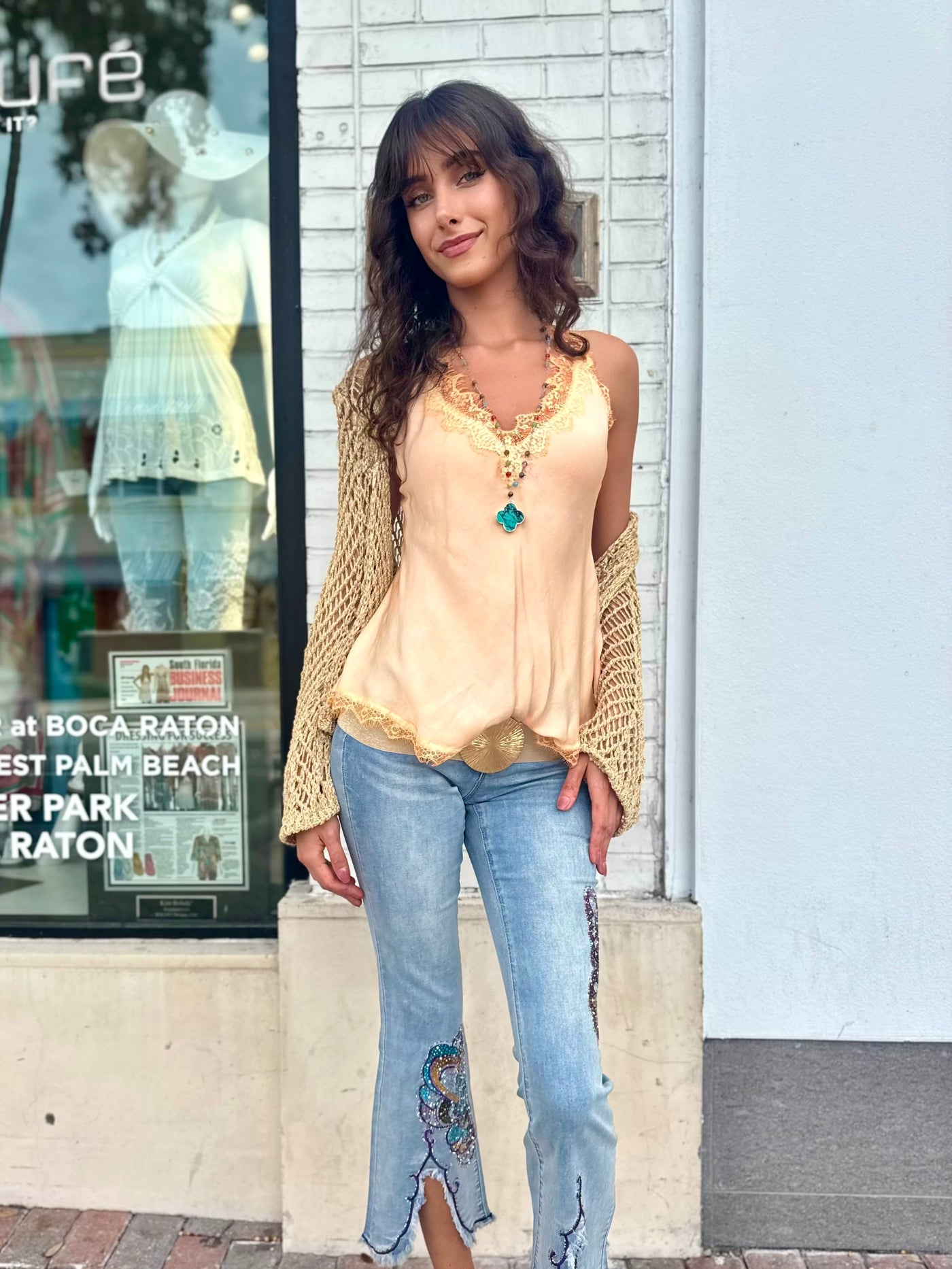 Crystal Butterfly Front Slit Jeans