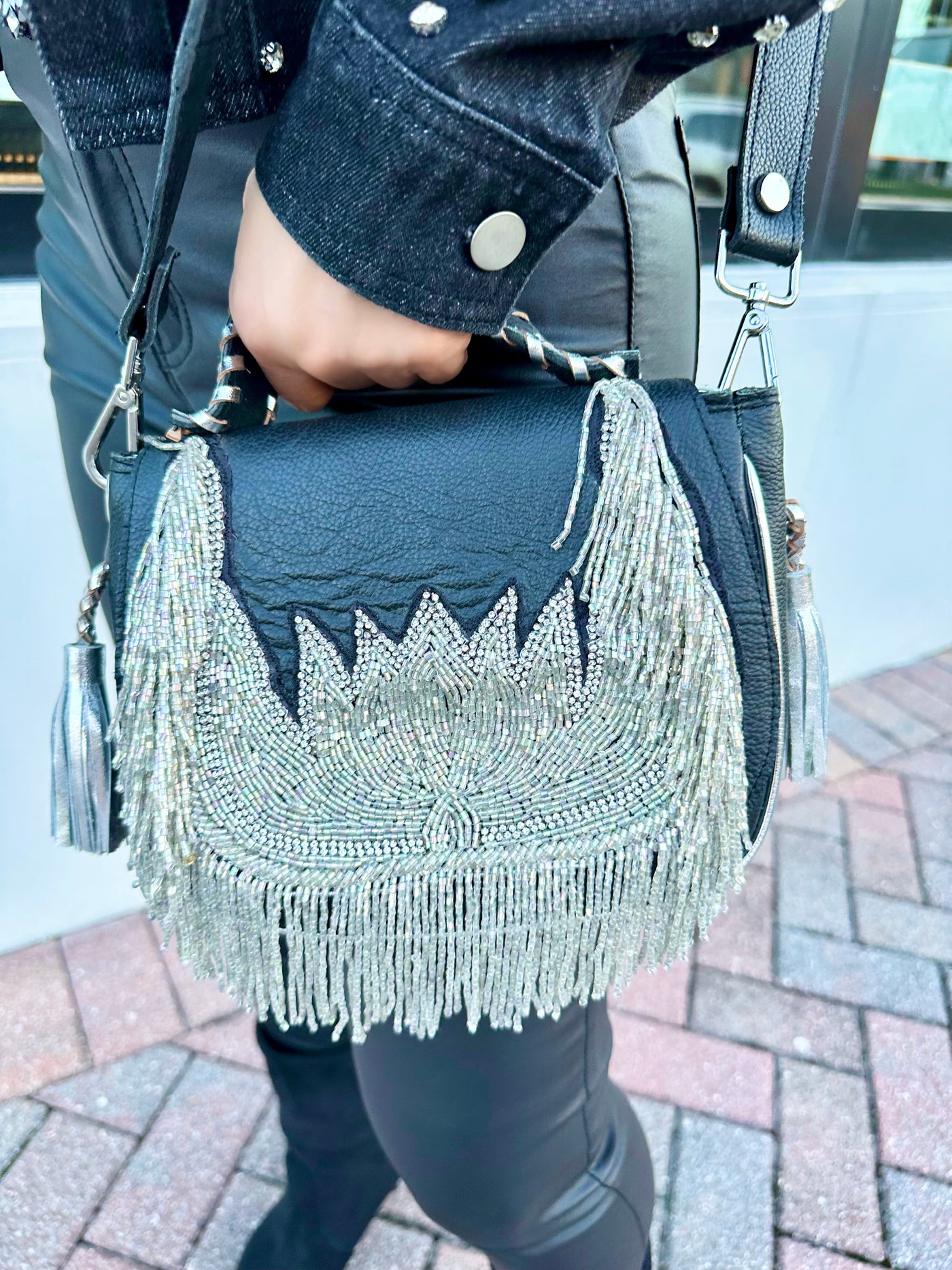 Crystal Waterfall Leather Crossbody Bag