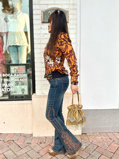 Golden Vine Embroidered Stretch Flare Jeans