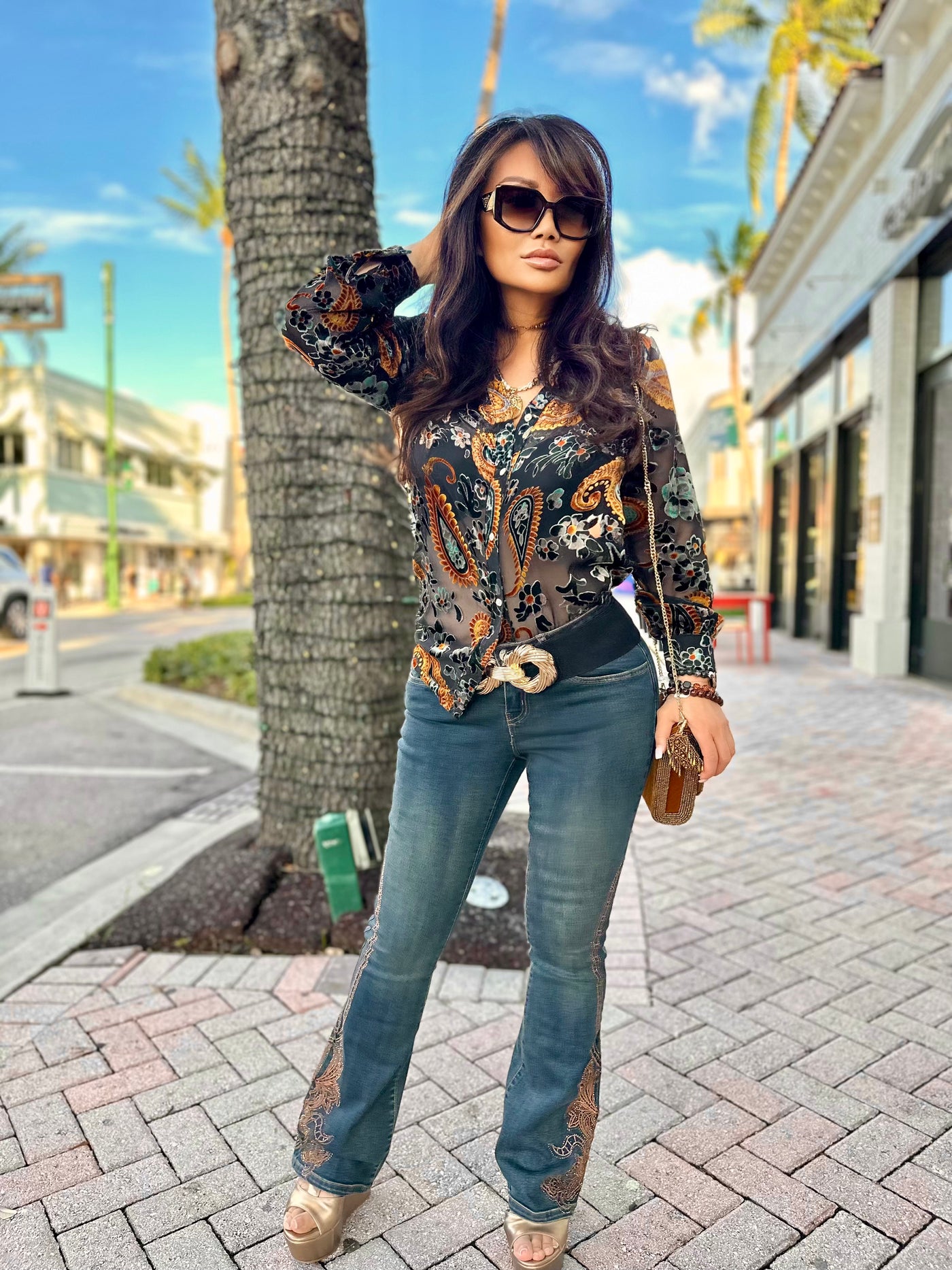 Golden Vine Embroidered Stretch Flare Jeans