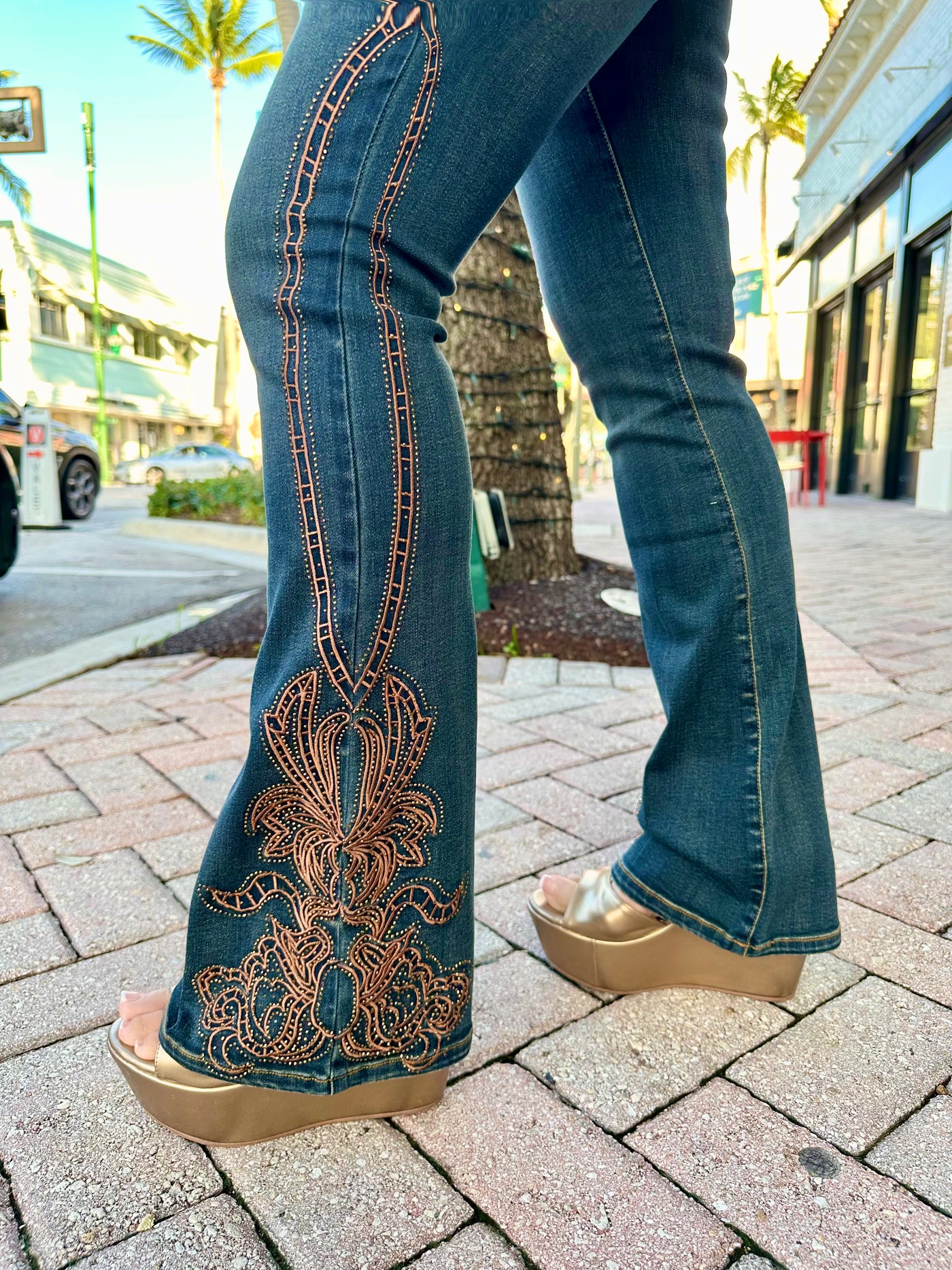 Golden Vine Embroidered Stretch Flare Jeans