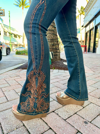Golden Vine Embroidered Stretch Flare Jeans