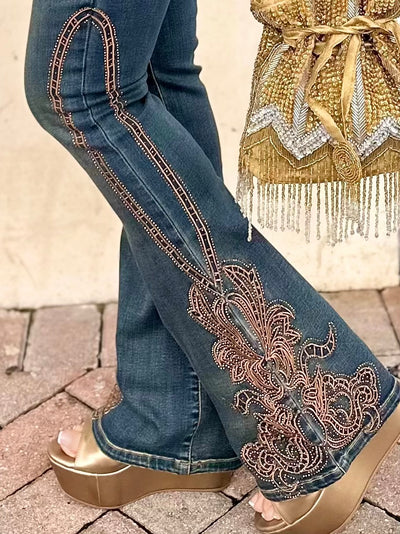 Golden Vine Embroidered Stretch Flare Jeans