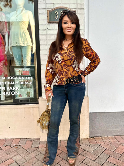 Golden Vine Embroidered Stretch Flare Jeans