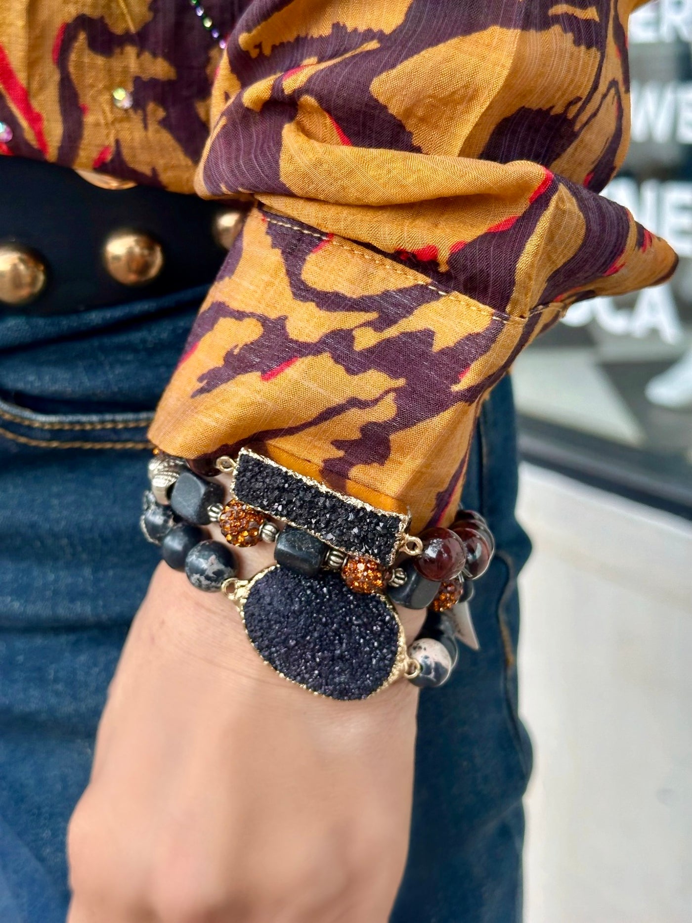 Hailey Black Obsidian Onyx and Orange Hues Tourmaline Stretch Bracelet