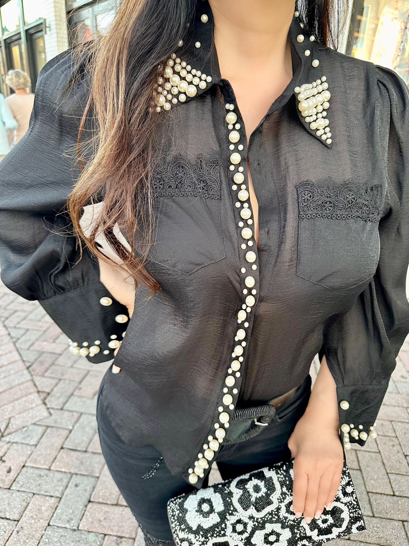Midnight Pearl Button Down Top