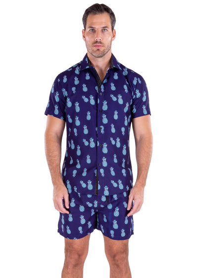 Navy Pineapple Short Sleeve Button Down