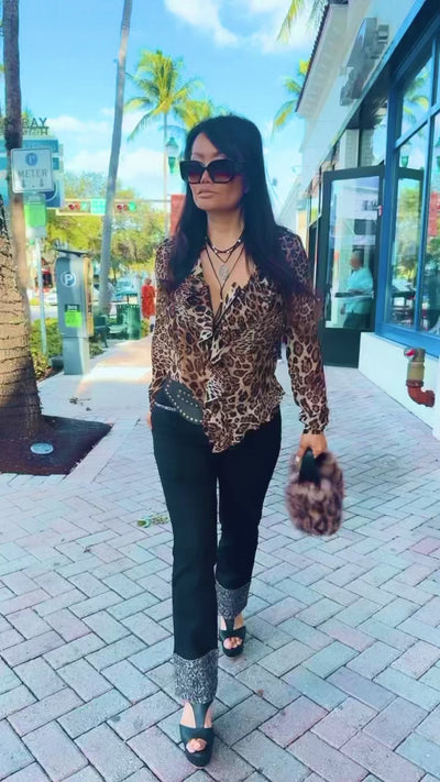 Cheetah Crystal Cuff Stretch Jeans