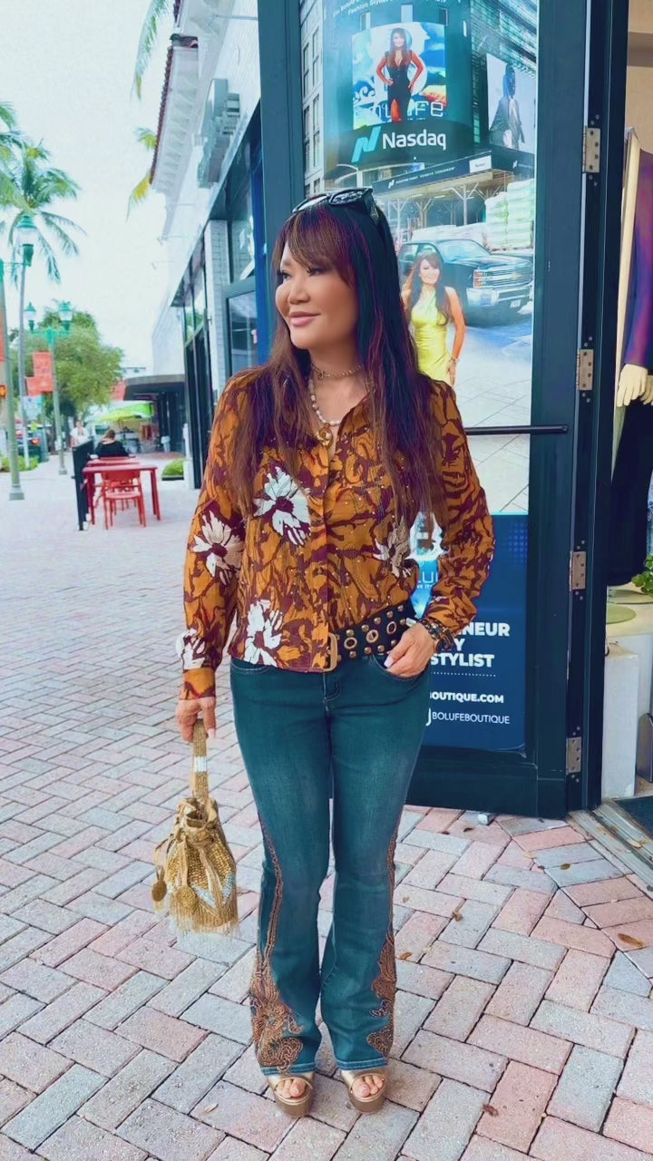 Golden Vine Embroidered Stretch Flare Jeans