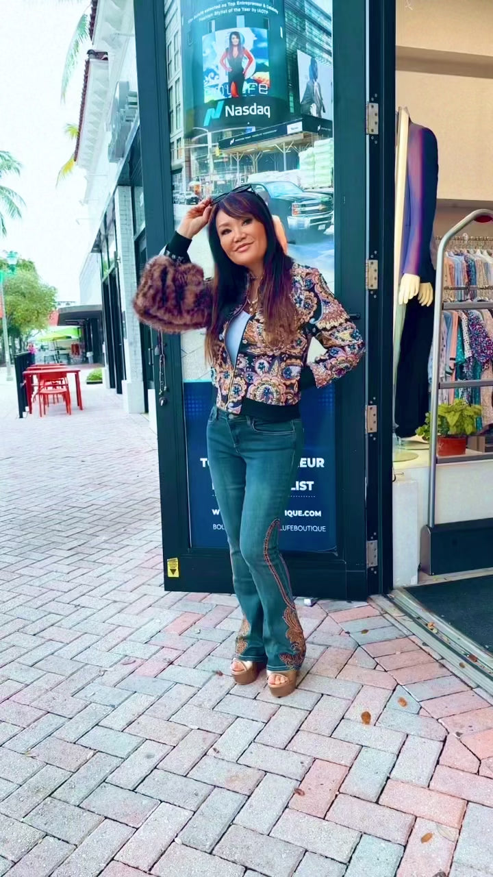 Golden Vine Embroidered Stretch Flare Jeans