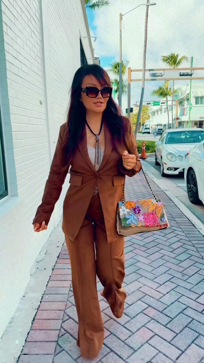 Caramel Suede-Feel Power Suit Blazer and Pant Set