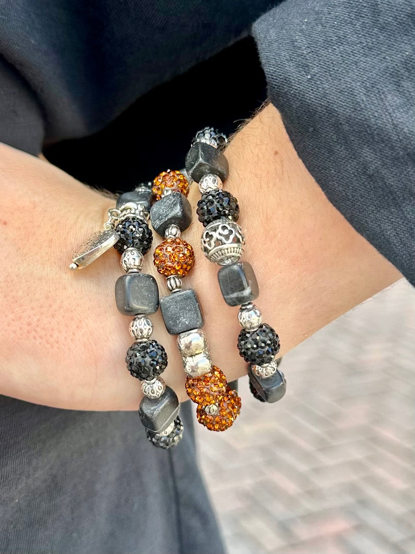 Sienna Black Obsidian Onyx and Brown Rhinestone Stretch Bracelet