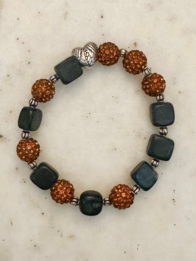 Sienna Black Obsidian Onyx and Brown Rhinestone Stretch Bracelet