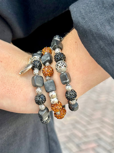 Sienna Black Obsidian Onyx and Brown Rhinestone Stretch Bracelet