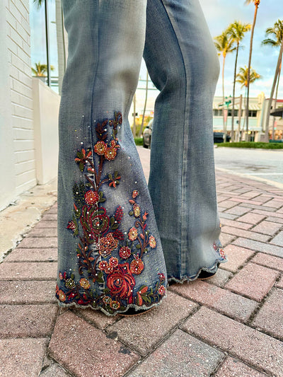 Sundown Bloom Scalloped Flare Stretch Jeans