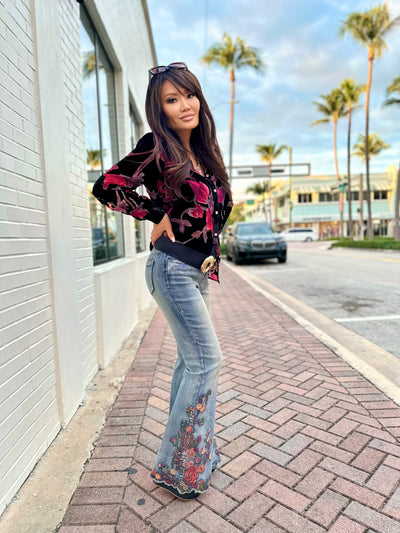 Sundown Bloom Scalloped Flare Stretch Jeans